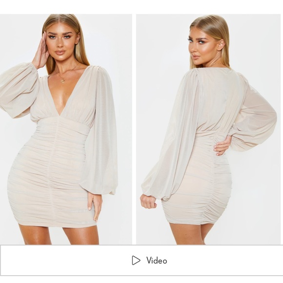 Stone Mesh Ruched Balloon Sleeve Bodycon Dress - Picture 3 of 3